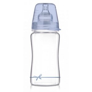 LOVI Skleněná kojenecká lahvička 250 ml Diamond Glass - mašlička - modrá