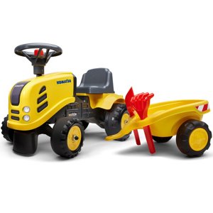 FALK Dětský Traktor Baby Komatsu žlutý s přívěsem + příslušenství od 1 roku s vlečkou
