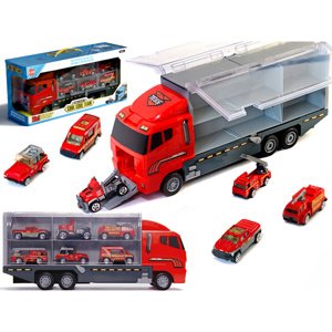 Transportní vozidlo TIR + auta hasičů