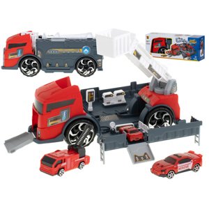 Transportér TIR 2v1 parkovací garáž hasiči + 3 auta červená