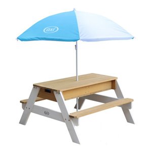 Piknikový stůl s lavičkou, deštníkem a nádobami na vodu/písek