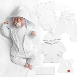 Baby Nellys Žebrovaná rostoucí souprava 4D, zavin. body, kalhoty, kabátek a čepička, bílá Velikost koj. oblečení: 50-56 (0-2m)