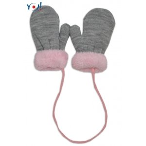 YO ! Zimní kojenecké rukavičky s kožíškem - se šňůrkou YO - šedé/růžový kožíšek Velikost koj. oblečení: 80-92 (12-24m)