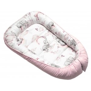 Bavlněné oboustranné hnízdečko Baby Nellys, 55 x 75 cm, Slon a duha - růžová/bílá