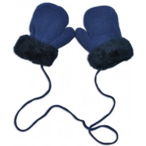 YO ! Zimní kojenecké rukavičky s kožíškem - se šňůrkou YO - jeans/granátový kožíšek Velikost koj. oblečení: 98-104 (2-4r)