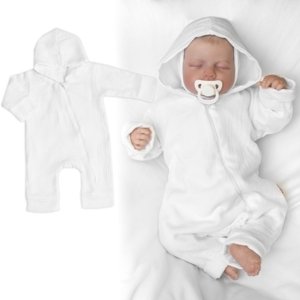 Baby Nellys Mušelinový overálek s kapucí, dvouvrstvý, Hand Made, bílý Velikost koj. oblečení: 50 (0-1m)
