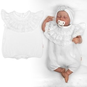 Baby Nellys Body s nohavičkami, mušelín s krajkou BOHO - bílé Velikost koj. oblečení: 62 (2-3m)