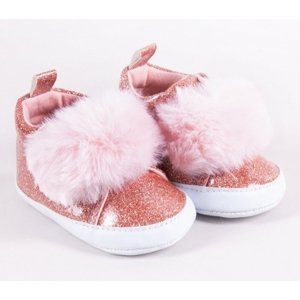 YO ! Kojenecké boty/capáčky lakýrky Girl s kožešinou YO ! - růžový brokát Velikost koj. oblečení: 56-68 (0-6 m)