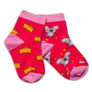 Baby Nellys Bavlněné veselé ponožky Myška a sýr - tmavě růžová Velikost koj. oblečení: 104-116 (4-6r)