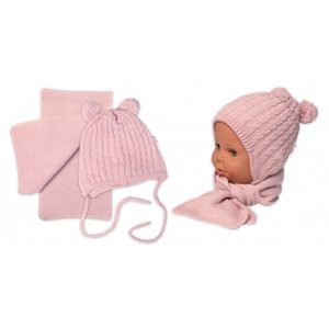 Zimní čepice na zavazování s bambulky + šál, Baby Nellys - pudrově růžová Velikost koj. oblečení: 74-80 (9-12m)