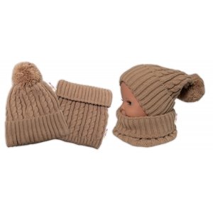 Zimní čepice s bambulí + komínek Baby Nellys - béžová, vel. 48-52cm Velikost koj. oblečení: 98-104 (2-4r)