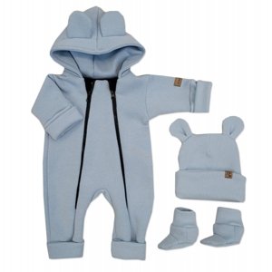 Oteplený dětský overal bez šlapek s kapucí, čepička + botičky, 3D, Kazum, modrý Velikost koj. oblečení: 74 (6-9m)