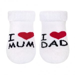 Baby Nellys Kojenecké froté bavlněné ponožky I Love Mum & Dad, bílé Velikost koj. oblečení: 56-62 (0-3m)