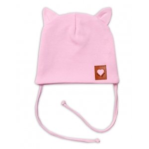 Baby Nellys Bavlněná dvouvrstvá čepice s oušky na zavazování FOX - růžová Velikost koj. oblečení: 56-62 (0-3m)