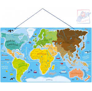 WOODY DŘEVO Svět v obrázcích 77x47cm Hra Puzzle naučné 2v1 mapa světa 86 dílků